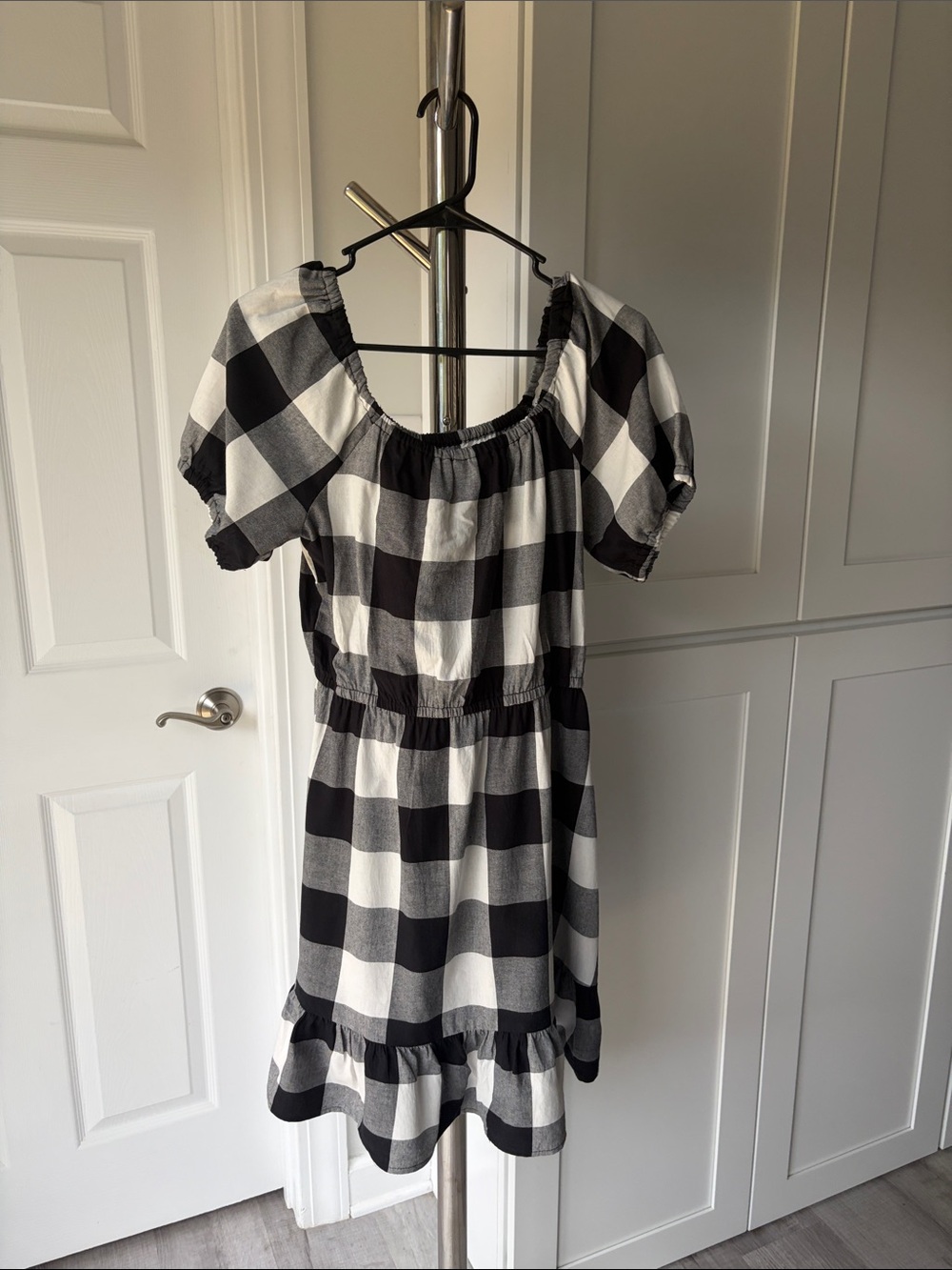 Cato Black, Grey, and White Checked Off-the shoulder Dress, Size M.